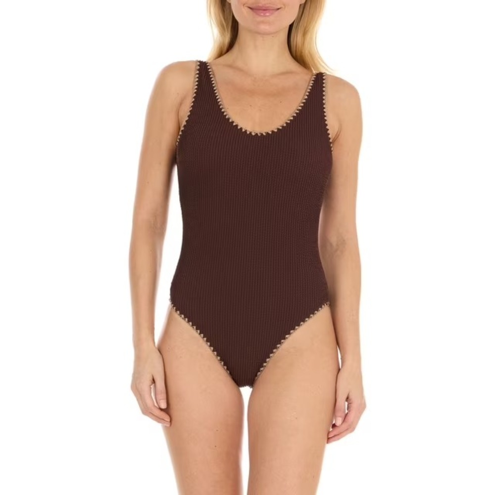 NWT Betsey Johnson Women Brown Ribbed One Piece Swimsuit Size XXL